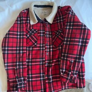Soho Red and Black Plaid Jacket with Sherpa Collar